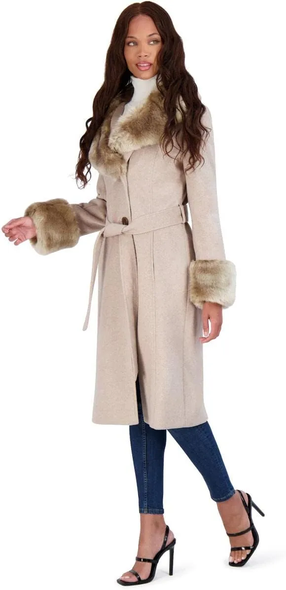 VIA SPIGA Women's Long Wool Wrap Coat with Faux Fur Trim