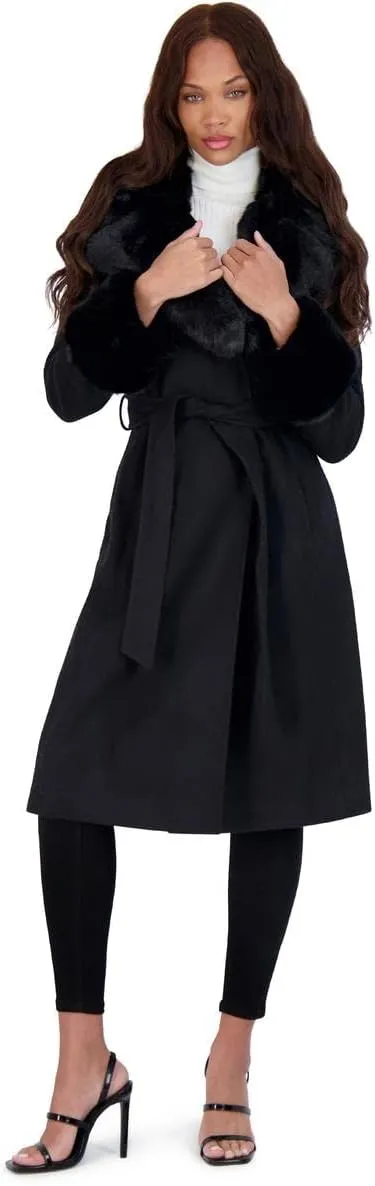 VIA SPIGA Women's Long Wool Wrap Coat with Faux Fur Trim