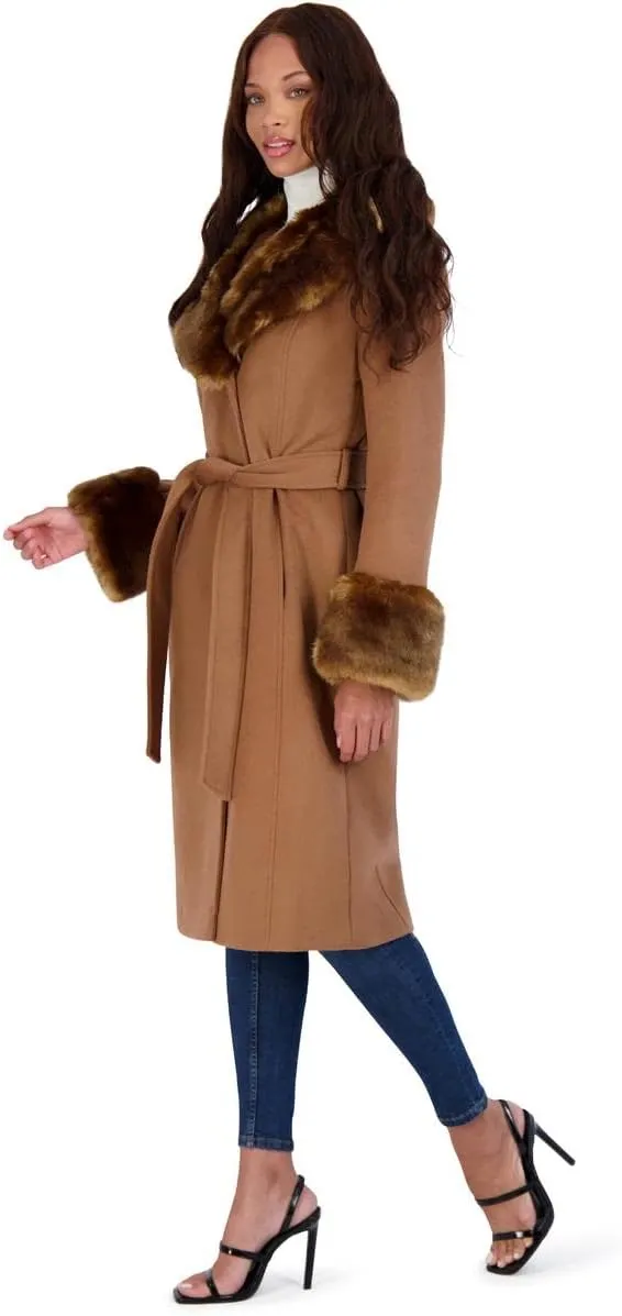 VIA SPIGA Women's Long Wool Wrap Coat with Faux Fur Trim