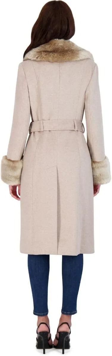 VIA SPIGA Women's Long Wool Wrap Coat with Faux Fur Trim