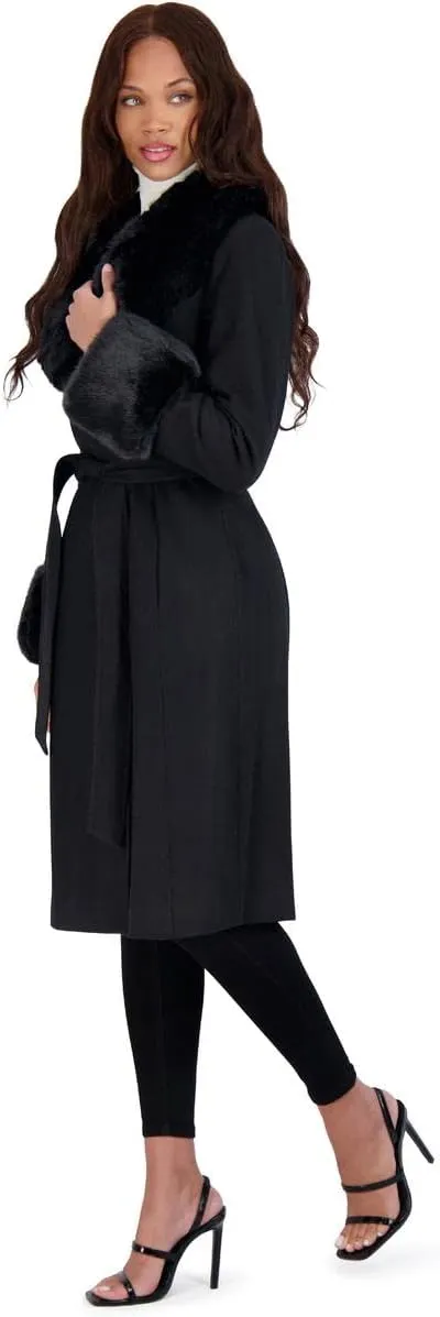 VIA SPIGA Women's Long Wool Wrap Coat with Faux Fur Trim