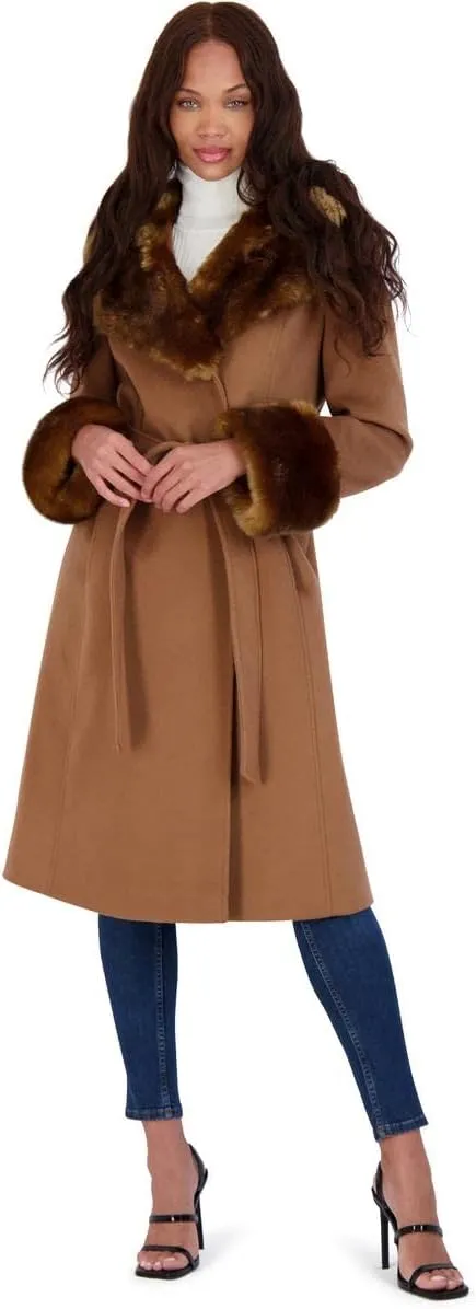VIA SPIGA Women's Long Wool Wrap Coat with Faux Fur Trim