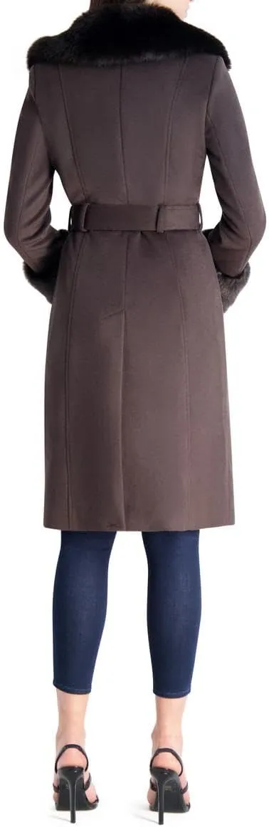VIA SPIGA Women's Long Wool Wrap Coat with Faux Fur Trim