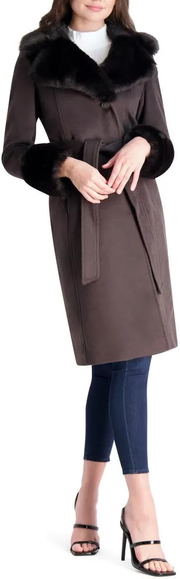 VIA SPIGA Women's Long Wool Wrap Coat with Faux Fur Trim