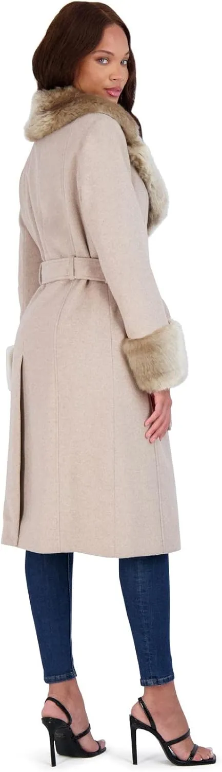 VIA SPIGA Women's Long Wool Wrap Coat with Faux Fur Trim