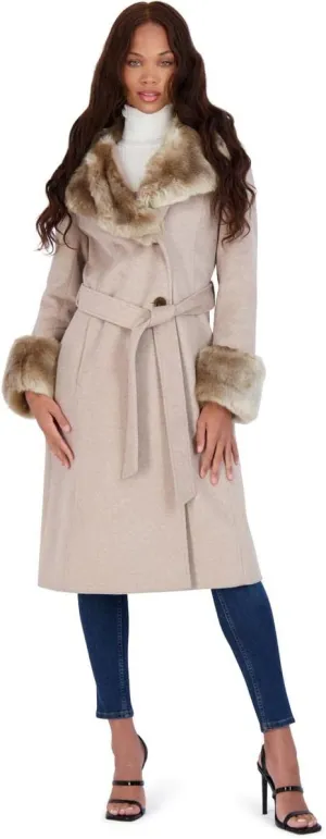 VIA SPIGA Women's Long Wool Wrap Coat with Faux Fur Trim