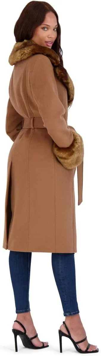 VIA SPIGA Women's Long Wool Wrap Coat with Faux Fur Trim