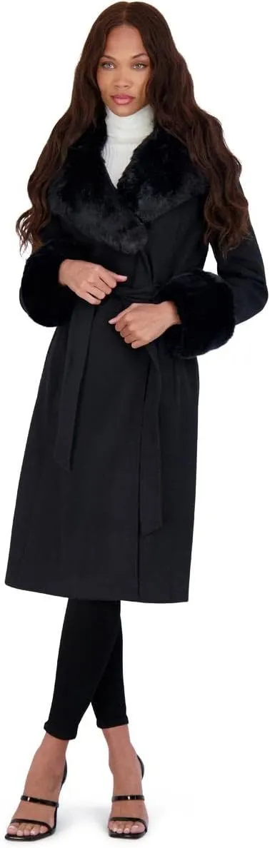 VIA SPIGA Women's Long Wool Wrap Coat with Faux Fur Trim