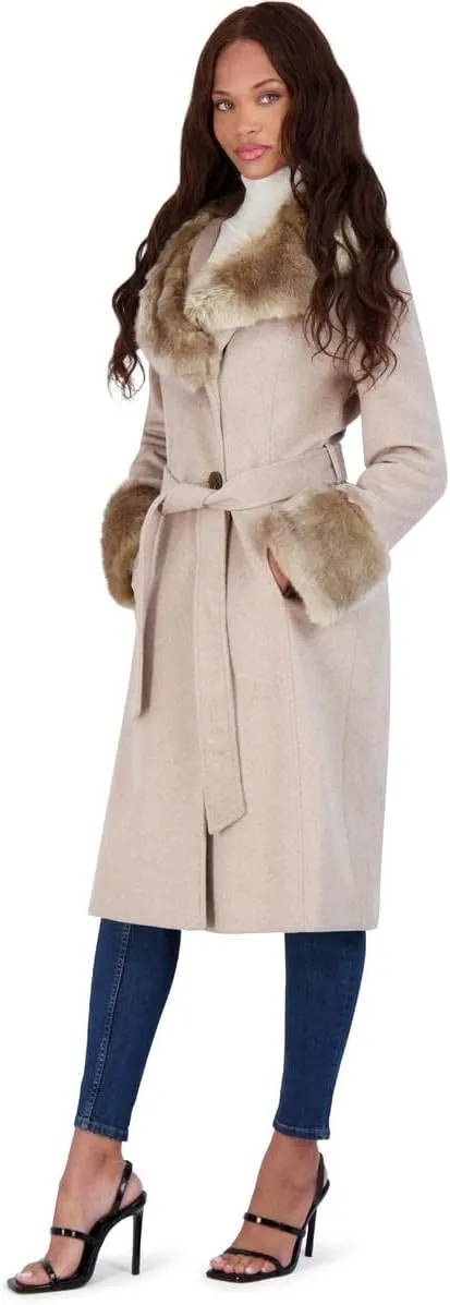 VIA SPIGA Women's Long Wool Wrap Coat with Faux Fur Trim