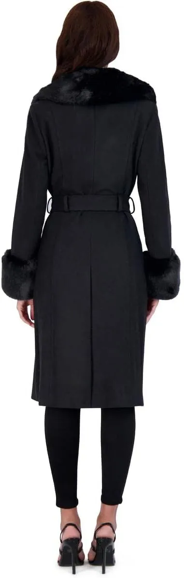VIA SPIGA Women's Long Wool Wrap Coat with Faux Fur Trim