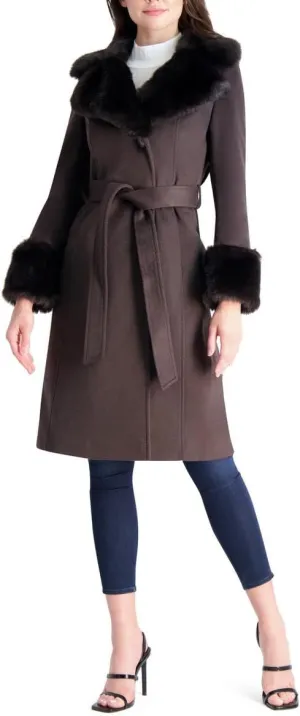 VIA SPIGA Women's Long Wool Wrap Coat with Faux Fur Trim