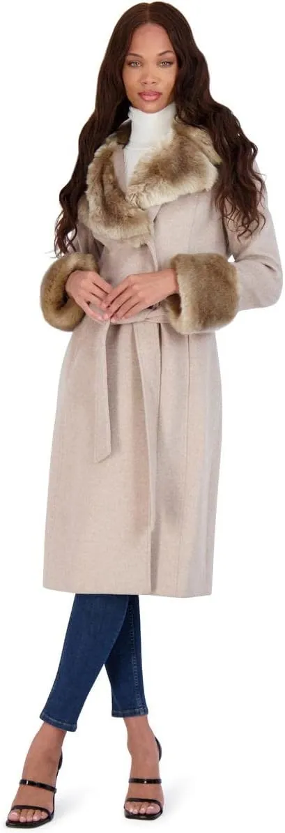 VIA SPIGA Women's Long Wool Wrap Coat with Faux Fur Trim