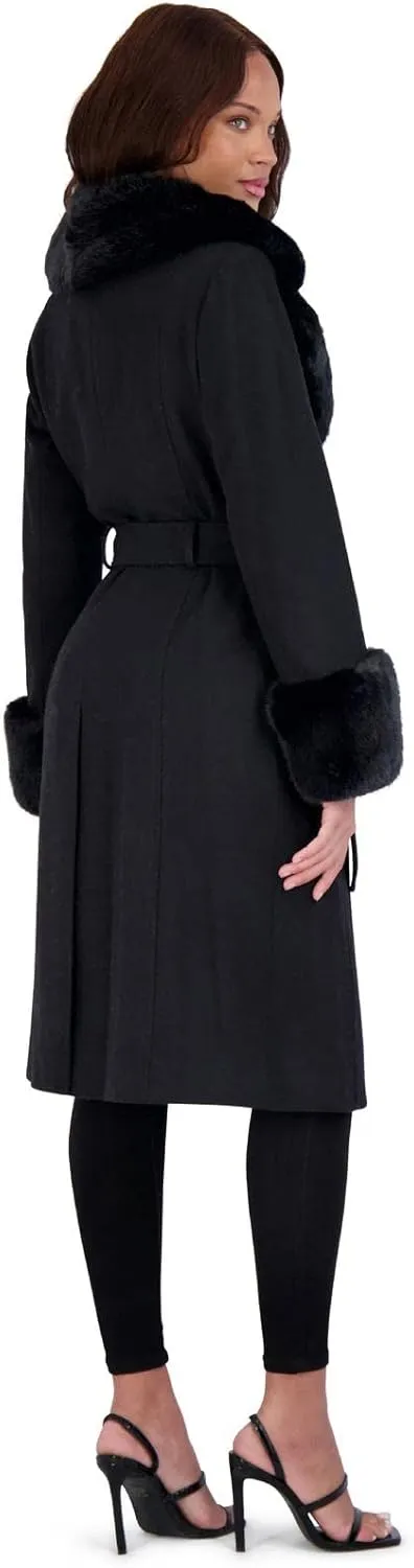 VIA SPIGA Women's Long Wool Wrap Coat with Faux Fur Trim