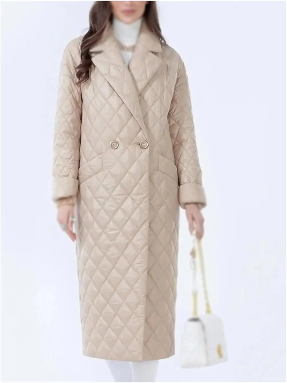 Warm Winter Jackets for Women Office Lady Thin Padded Cotton Long Parkas Female Women Quilted Coat Plaid(Medium)
