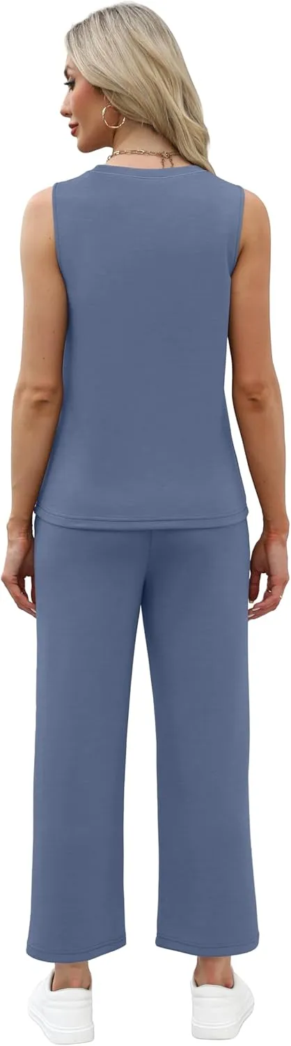 WIHOLL Two Piece Sets for Women Summer Vacation Travel Outfits Pleated Tank Top Wide Leg Crop Pants Matching Lounge Sets