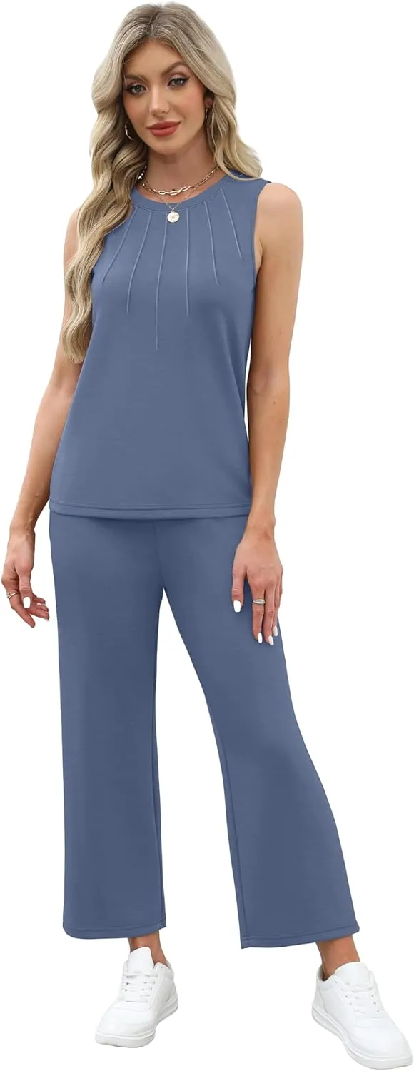 WIHOLL Two Piece Sets for Women Summer Vacation Travel Outfits Pleated Tank Top Wide Leg Crop Pants Matching Lounge Sets