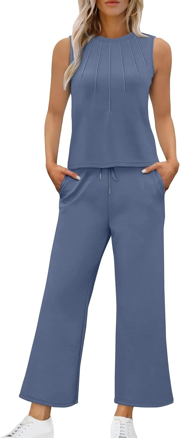 WIHOLL Two Piece Sets for Women Summer Vacation Travel Outfits Pleated Tank Top Wide Leg Crop Pants Matching Lounge Sets