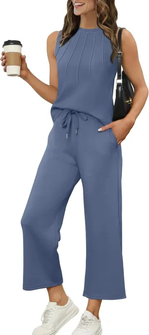 WIHOLL Two Piece Sets for Women Summer Vacation Travel Outfits Pleated Tank Top Wide Leg Crop Pants Matching Lounge Sets