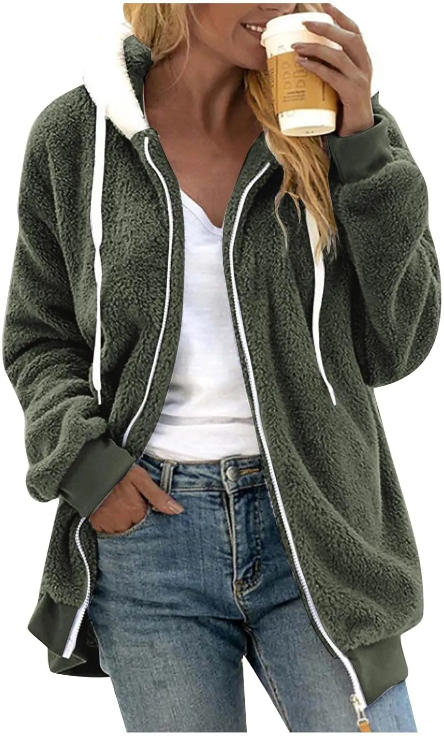 Winter Coats for Women Plus Size Fuzzy Sherpa Jacket Hoodies Color Block Warm Faux Fur Coat Outerwear with Pocket S-5X