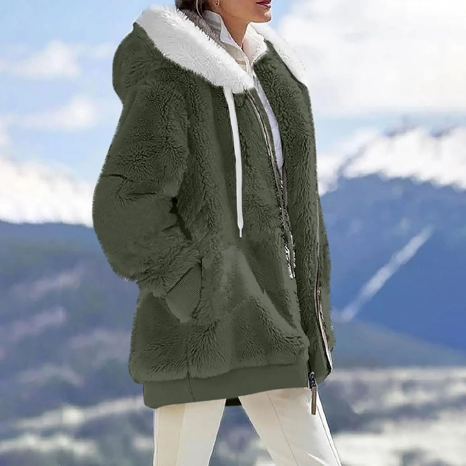 Winter Coats for Women Plus Size Fuzzy Sherpa Jacket Hoodies Color Block Warm Faux Fur Coat Outerwear with Pocket S-5X