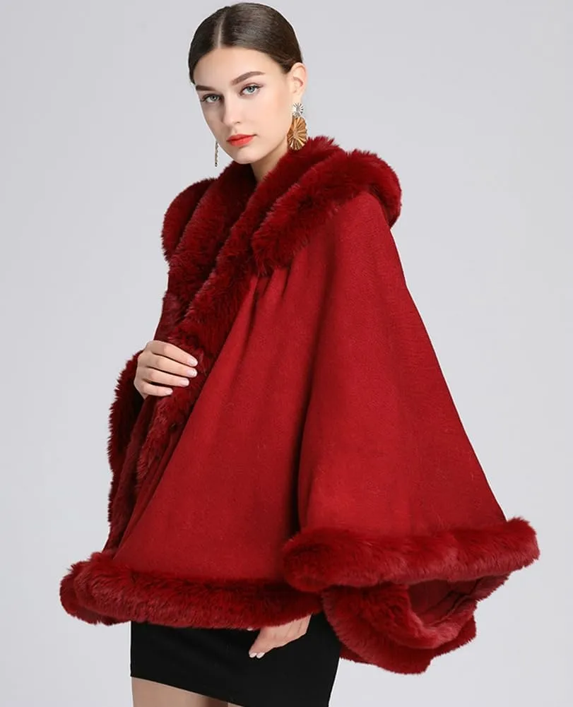 Winter Poncho Hooded Shawl Warp Women Faux Fur Trim Cape Coat Warm Cardigan Sleeveless Cloak Bridal Wedding Warp