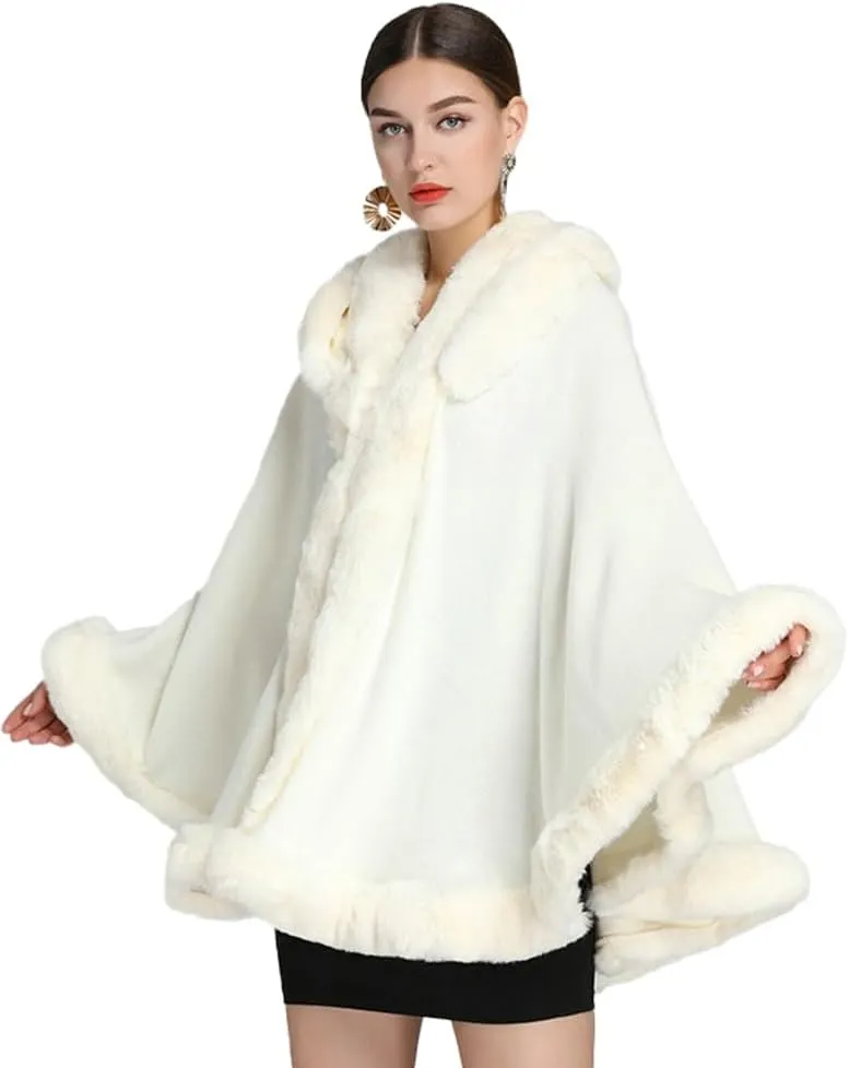 Winter Poncho Hooded Shawl Warp Women Faux Fur Trim Cape Coat Warm Cardigan Sleeveless Cloak Bridal Wedding Warp