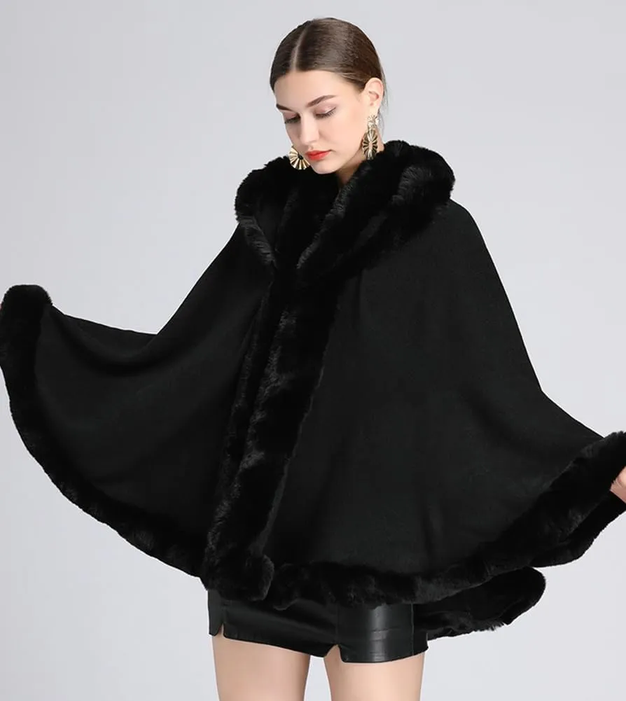 Winter Poncho Hooded Shawl Warp Women Faux Fur Trim Cape Coat Warm Cardigan Sleeveless Cloak Bridal Wedding Warp
