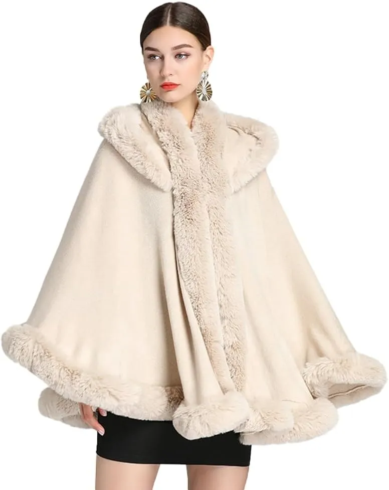 Winter Poncho Hooded Shawl Warp Women Faux Fur Trim Cape Coat Warm Cardigan Sleeveless Cloak Bridal Wedding Warp