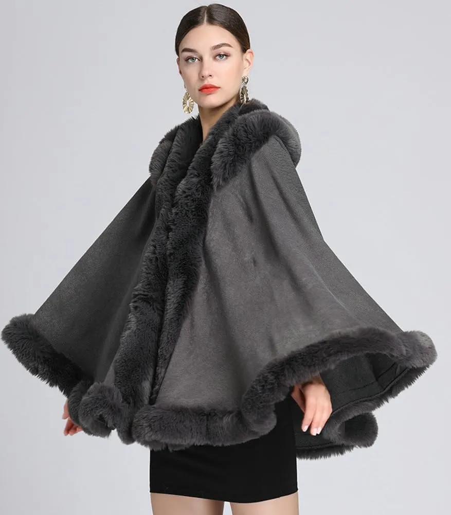 Winter Poncho Hooded Shawl Warp Women Faux Fur Trim Cape Coat Warm Cardigan Sleeveless Cloak Bridal Wedding Warp
