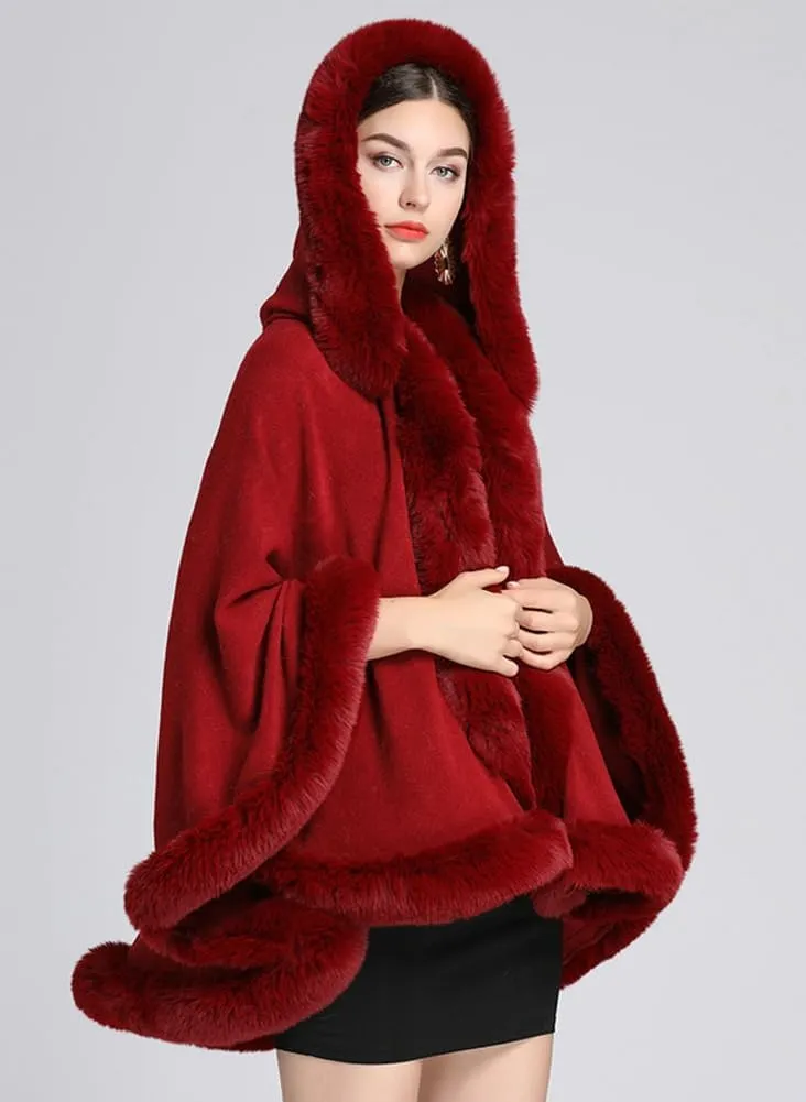 Winter Poncho Hooded Shawl Warp Women Faux Fur Trim Cape Coat Warm Cardigan Sleeveless Cloak Bridal Wedding Warp