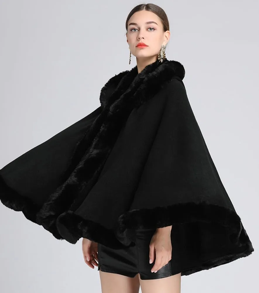 Winter Poncho Hooded Shawl Warp Women Faux Fur Trim Cape Coat Warm Cardigan Sleeveless Cloak Bridal Wedding Warp