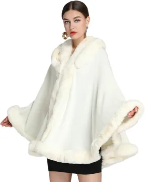 Winter Poncho Hooded Shawl Warp Women Faux Fur Trim Cape Coat Warm Cardigan Sleeveless Cloak Bridal Wedding Warp