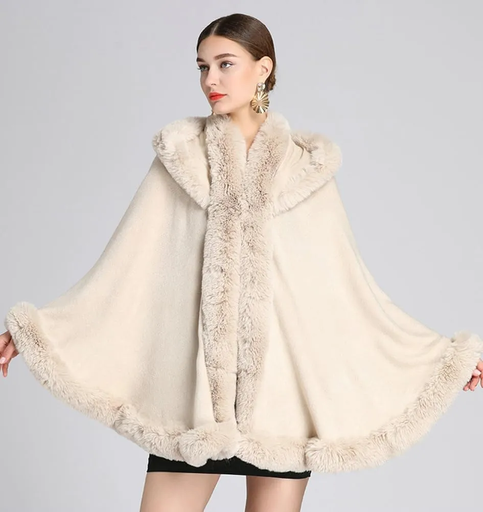 Winter Poncho Hooded Shawl Warp Women Faux Fur Trim Cape Coat Warm Cardigan Sleeveless Cloak Bridal Wedding Warp