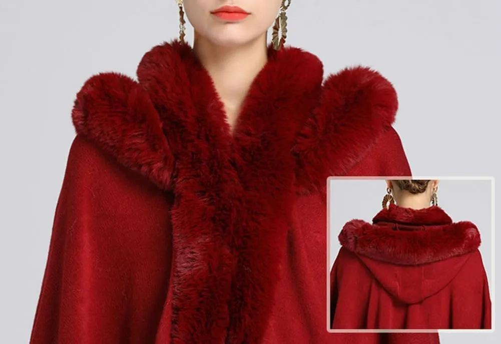 Winter Poncho Hooded Shawl Warp Women Faux Fur Trim Cape Coat Warm Cardigan Sleeveless Cloak Bridal Wedding Warp
