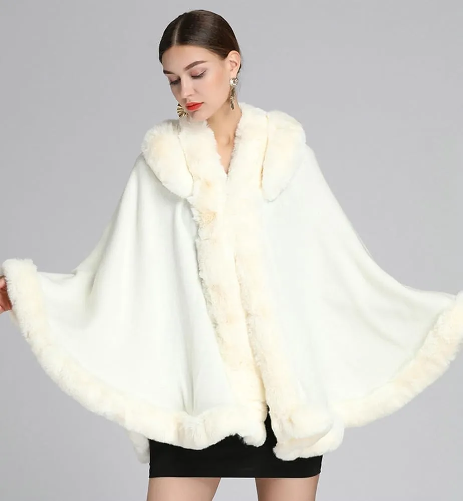 Winter Poncho Hooded Shawl Warp Women Faux Fur Trim Cape Coat Warm Cardigan Sleeveless Cloak Bridal Wedding Warp