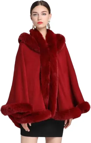 Winter Poncho Hooded Shawl Warp Women Faux Fur Trim Cape Coat Warm Cardigan Sleeveless Cloak Bridal Wedding Warp