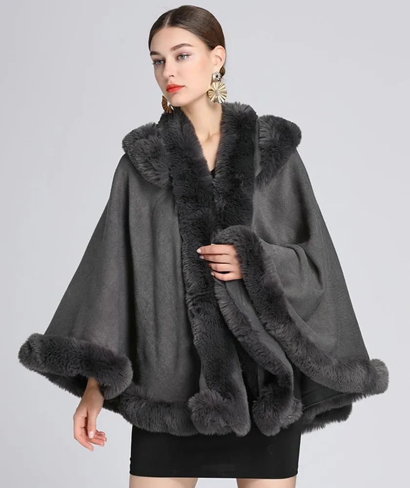 Winter Poncho Hooded Shawl Warp Women Faux Fur Trim Cape Coat Warm Cardigan Sleeveless Cloak Bridal Wedding Warp