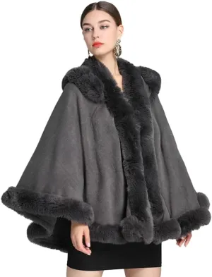 Winter Poncho Hooded Shawl Warp Women Faux Fur Trim Cape Coat Warm Cardigan Sleeveless Cloak Bridal Wedding Warp