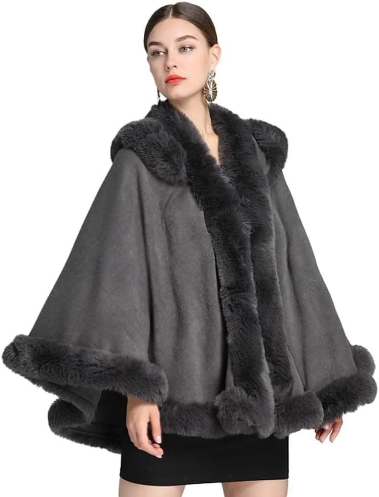 Winter Poncho Hooded Shawl Warp Women Faux Fur Trim Cape Coat Warm Cardigan Sleeveless Cloak Bridal Wedding Warp