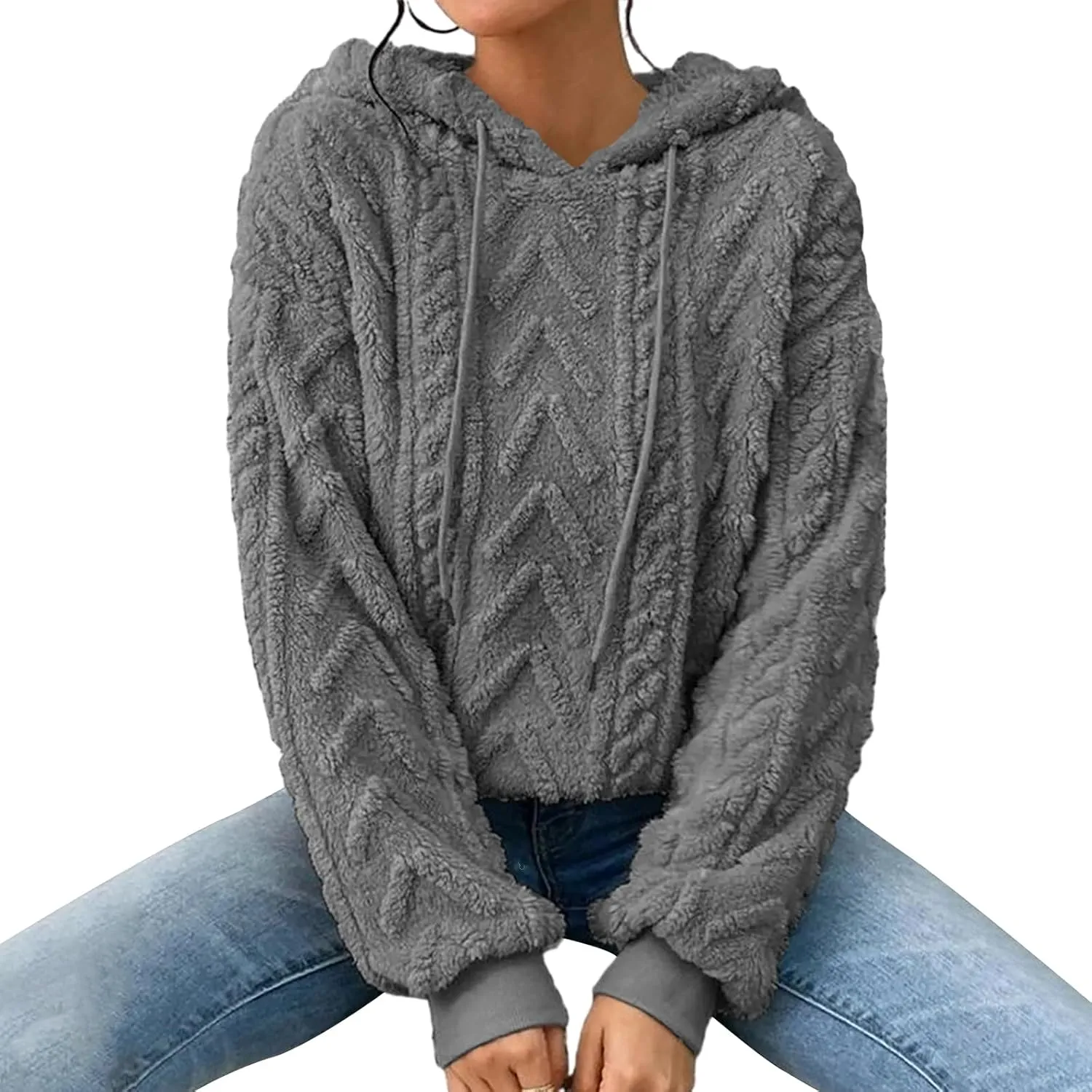 Women Fuzzy Oversized Hoodies Sweatshirts Long Sleeve Solid Color Casual Loose Sweater Hooded Sweatshirt Fall Tops