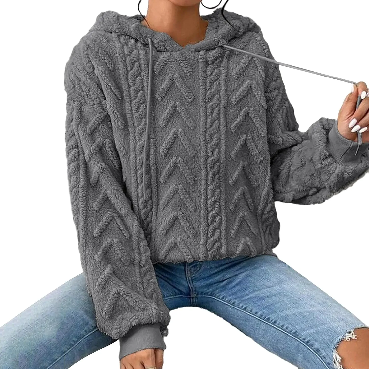 Women Fuzzy Oversized Hoodies Sweatshirts Long Sleeve Solid Color Casual Loose Sweater Hooded Sweatshirt Fall Tops