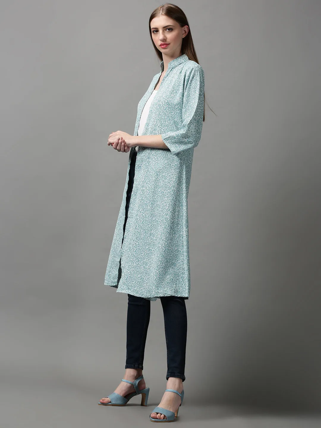 Women Green Printed Longline Shrug