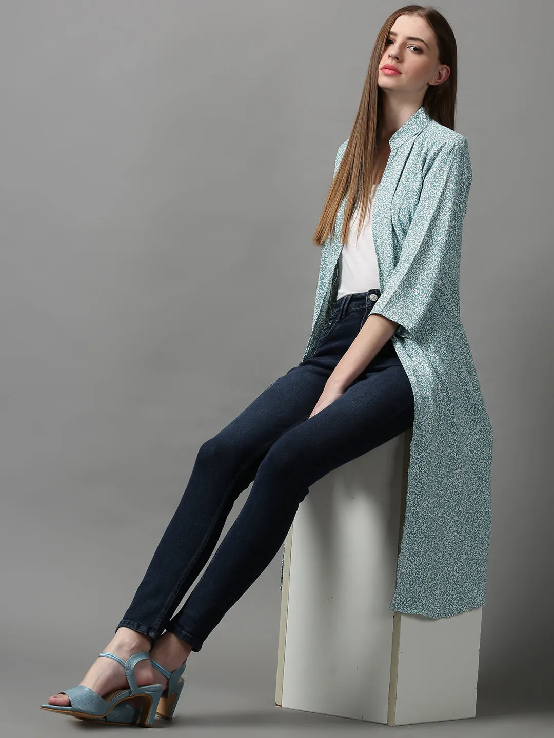 Women Green Printed Longline Shrug