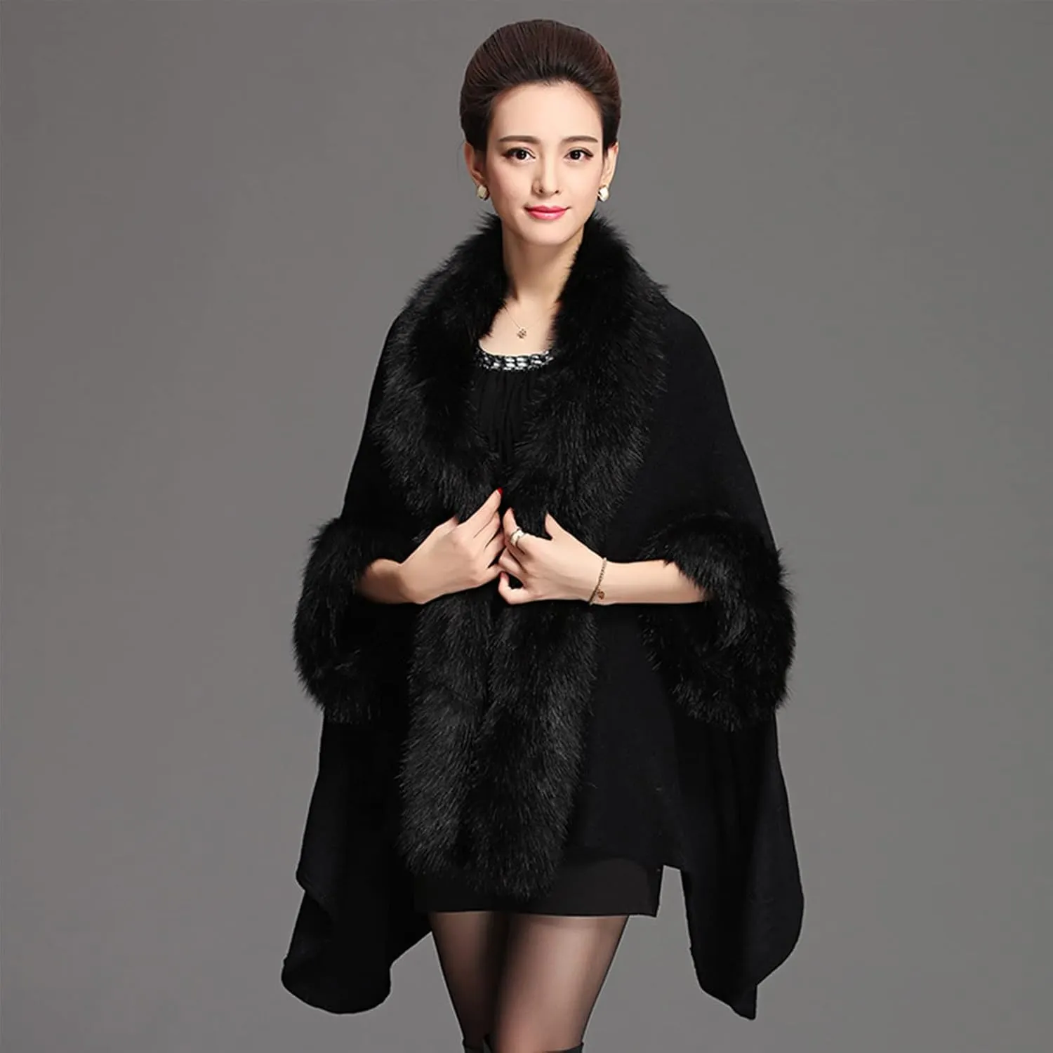 Women Luxury Faux Fur Coat Jackets Wrap Cape Shawl Cloak Cape Fox-Like Mid-Length Knitted Cardigan Shawl Cape