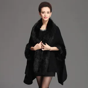 Women Luxury Faux Fur Coat Jackets Wrap Cape Shawl Cloak Cape Fox-Like Mid-Length Knitted Cardigan Shawl Cape