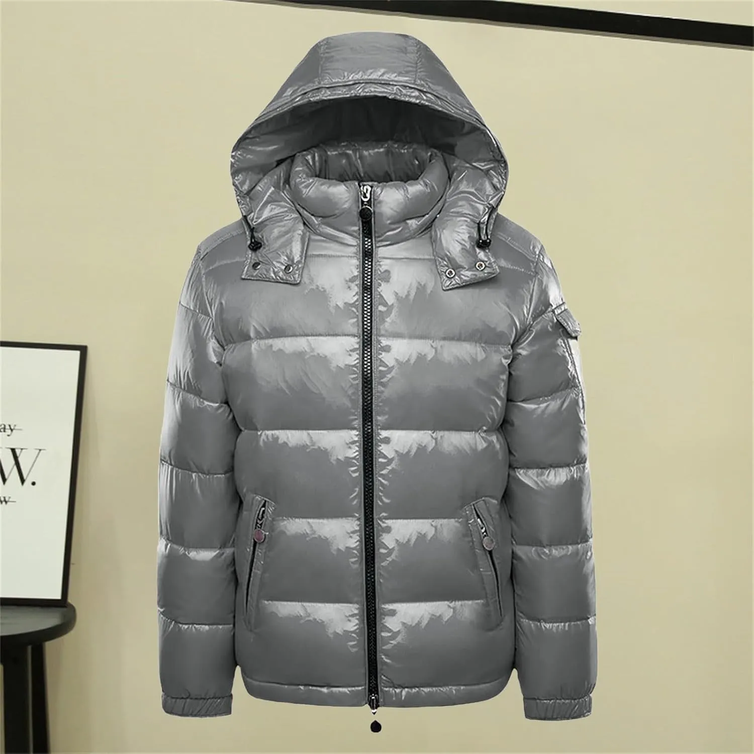 Women Metallic Down Jacket Removable Hood Quilted Zip Long Sleeve Parka Jacket Warm Windproof Puffer Jacket Plus Size