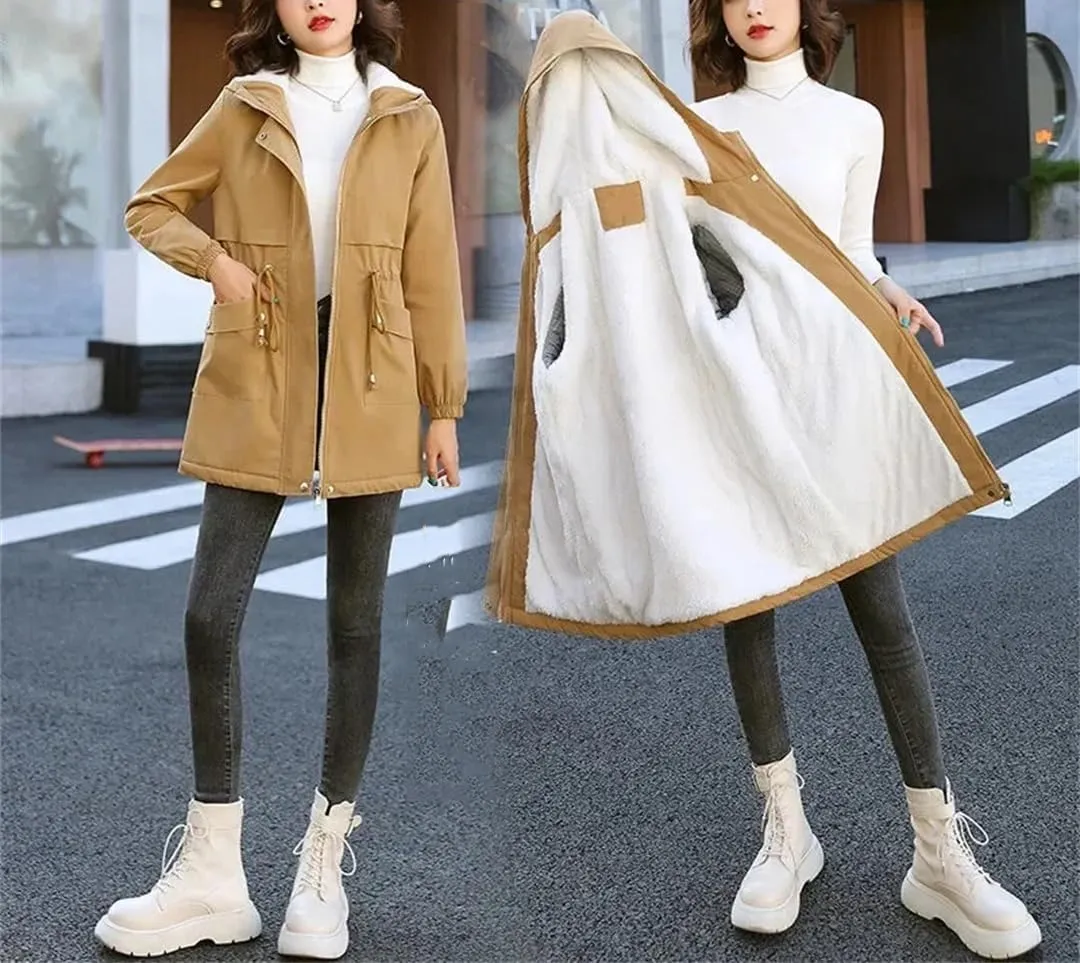 Women Parkas Jackets Hooded Windbreaker Fleece Winter Warm Thick Cotton Padded Coat