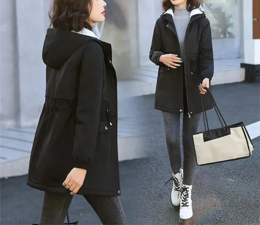 Women Parkas Jackets Hooded Windbreaker Fleece Winter Warm Thick Cotton Padded Coat
