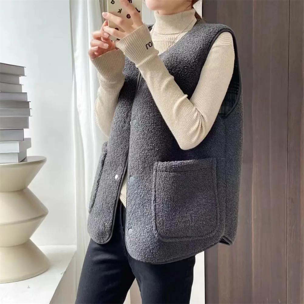 Women's Fuzzy Sherpa Fleece Vest Casual Reversible Plaid Sleeveless Warm Jacket Button Down Winter Outerwear