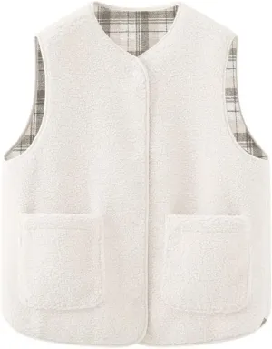 Women's Fuzzy Sherpa Fleece Vest Casual Reversible Plaid Sleeveless Warm Jacket Button Down Winter Outerwear